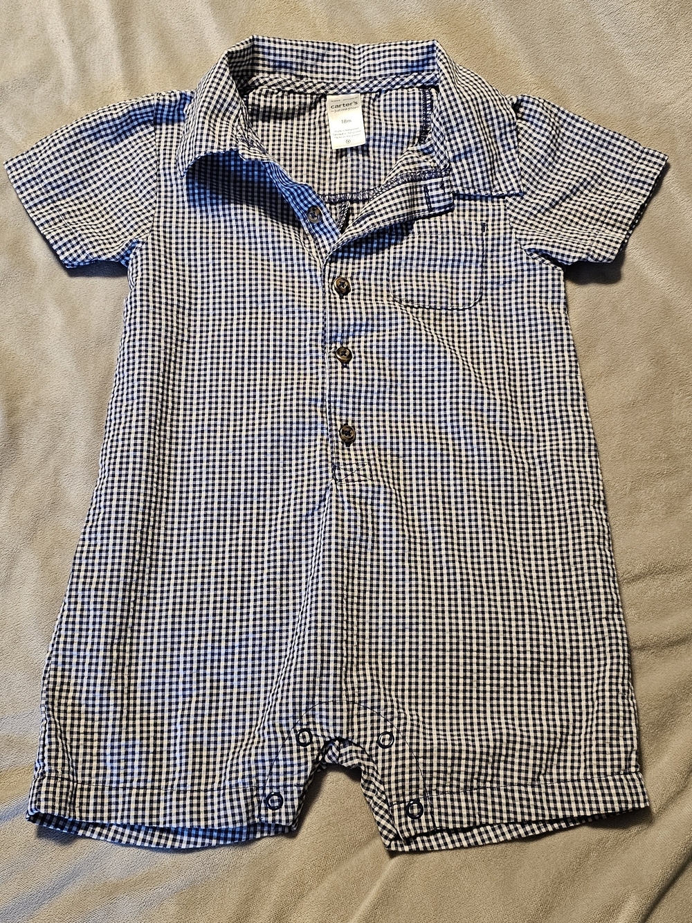 Carter's Navy and White Gingham Button-Up Romper